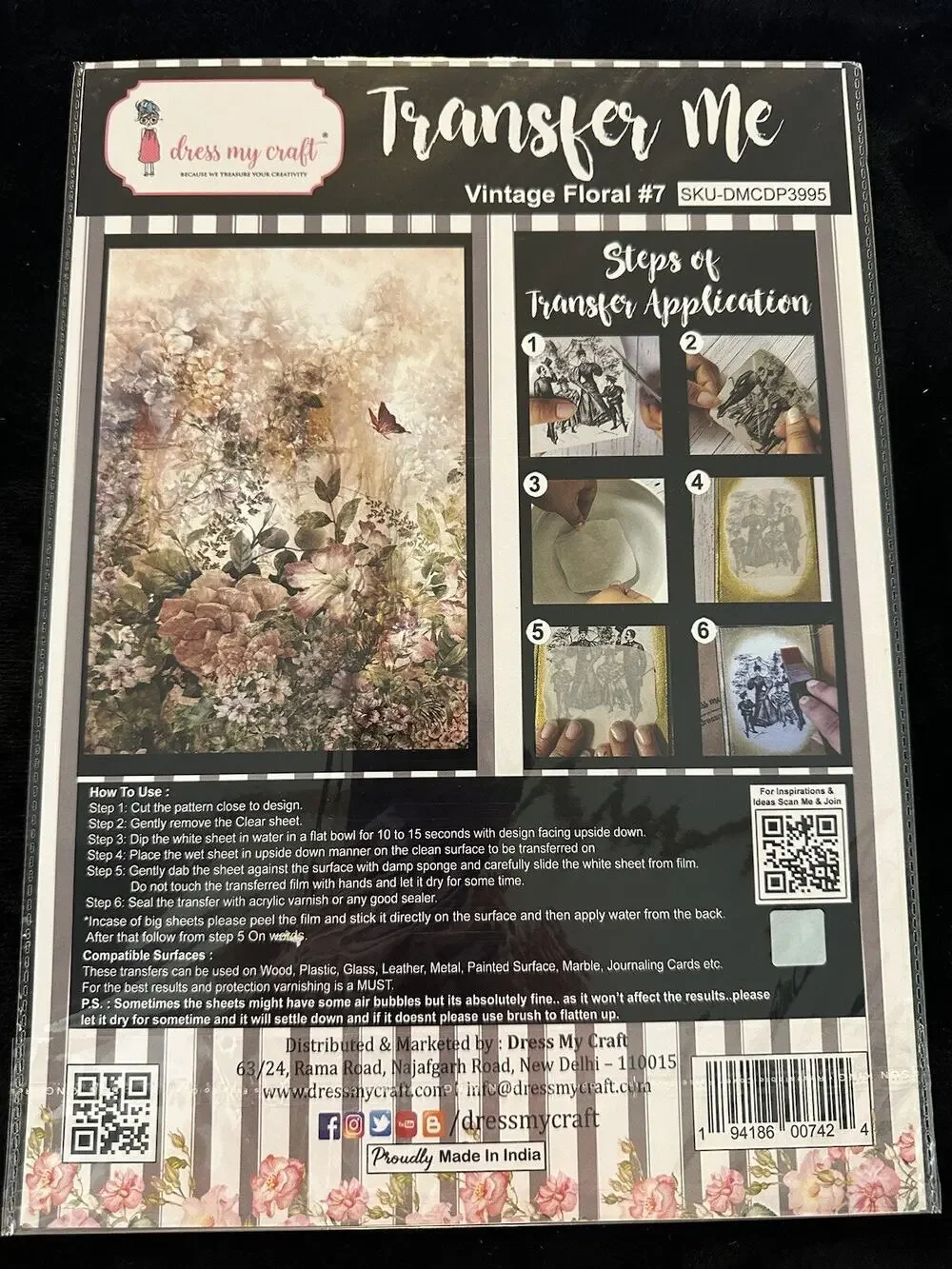 New Sealed Dress My Craft Transfer Me Vintage Floral #7 Flower Floral Dip In H2O